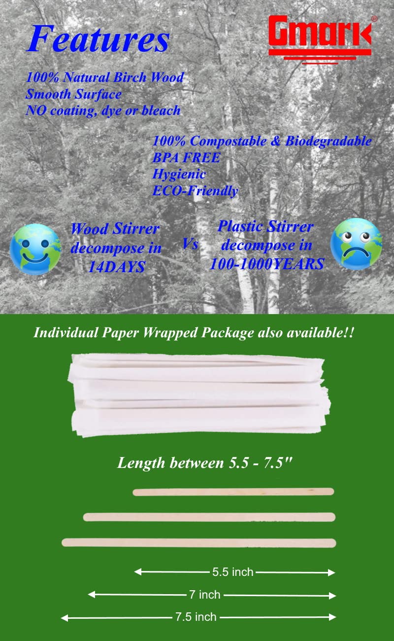 Gmark Individually Wrapped 5.5'' Wood Coffee Stir Sticks - 500Pc Round End, Eco Friendly Coffee Stirrers Wood For Hot Drinks - N